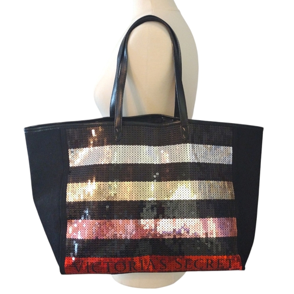 Victoria's Secret Striped Sequin Tote Travel Handbag Weekender Shoulder Bag